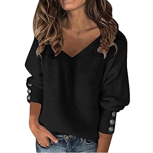 Pullover Baumwolle Damen, Feinstrickpullover Damen, Strickwaren Langärmeliger V Ausschnitt Pullis Kabelstrick Fleecepullover Dicker Warme Thermoshirts Solide Klassische Streetwear Weich Freizeit von Briskorry