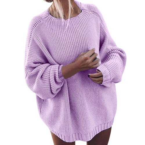 Pullover Damen, Oversize Strickpullover Damen, Feinstrickpullover Lange Ärmel Rund Ausschnitt Pullis Knitted Elegante Fleecepullover Dicker Warm Longshirt Klassischer Solide Tunika Kuschelig Lounge von Briskorry