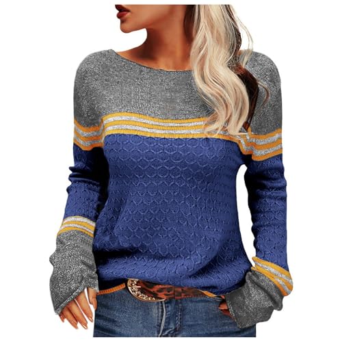 Pullover für Damen, Grobstrickpullover Damen, Kaschmirpullover Langarm Rundhalsausschnitt Pulli Gestrickter Elegante Jumper Shirt Klobig Warm Longshirt Farbblock Modische Streetwear Bequemer Lässige von Briskorry