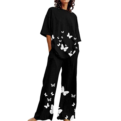 Sommer Outfits Damen, Tshirt und Hose, Hose Anzug Beiläufig Lose Loungewear-Outfits Rund Ausschnitt Kurzarm Sweatsuit Leicht Atmungsaktiv Streatwear Gedruckte Y2K Yoga von Briskorry