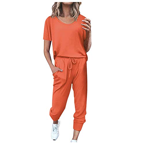 Sommer Zweiteiler Damen, Top und Lang Weit Bein Hose, Hose Anzug Freizeit Baggy Loungewear-Outfits Kurzärmeliger Rundhals Sweatsuit Komfort Luftig Sport Set Einfarbiges Sexy Sport von Briskorry