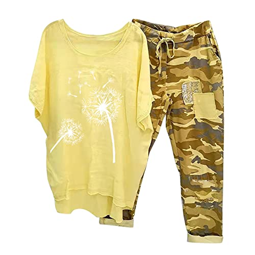 Sommer Zweiteiler Damen, Tshirt Weit Hose, Hosenanzug Lockere Beiläufig Loungewear Rund Ausschnitt Kurzärmeliger Trainingsanzug-Set Luftige Bequemer Sport Outfit Drucken Sexy Running von Briskorry