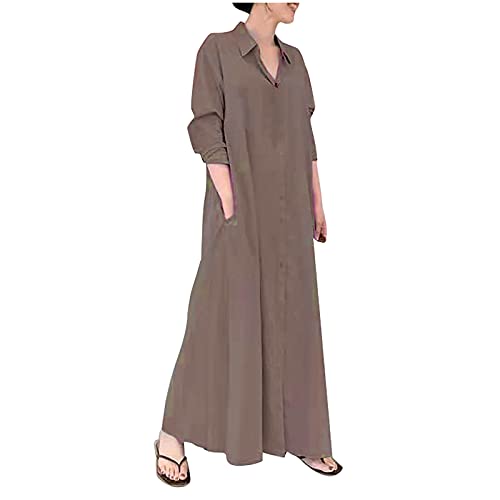 Sommerkleid Damen Lang, Leinenkleid A Linie Maxi, Partykleid Langarm V-Ausschnitt Maxikleid Casual Locker Leinen Kleid Atmungsaktiv Leichte Shirtkleider Solid Elegant Beachwear Swing A-Linien von Briskorry