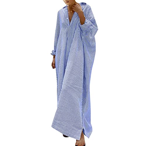 Sommerkleid Damen Lang, Leinenkleid Damen Maxi, Hemdkleid Langarm V Ausschnitt Maxikleid Locker Lässig Leinen Kleider Atmungsaktiv Leicht Blusenkleid Mode Gestreift Strandponcho A Linie Swing von Briskorry