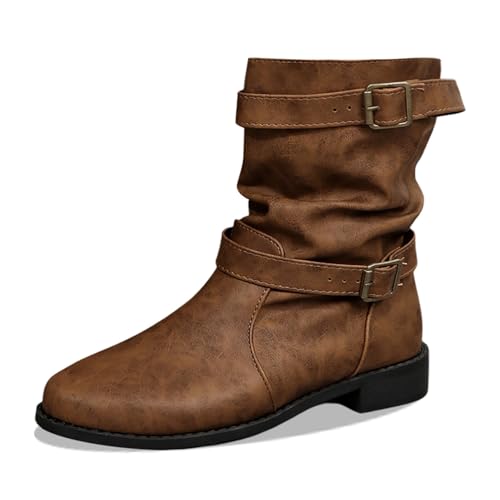 Stiefeletten Damen, Blockabsatz Mid Calf Boots mit Absatz Faux Leder Schnalle Stiefelette Schuhe Lässig Western Cowboy Stiefel PU Biker Stiefel Mittlerer Wade Reitstiefel Retro Gürtel Ritterstiefel von Briskorry