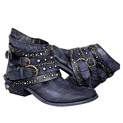 Briskorry Stiefeletten Damen Biker Boots Combat Stiefel Vintage Biker Boots Retro Kurzschaft Westernstiefel Freizeit Chelsea Boots Vintage Knöchelstiefel Cowboy Stiefel mit Blockabsatz, Blau, 39 EU von Briskorry