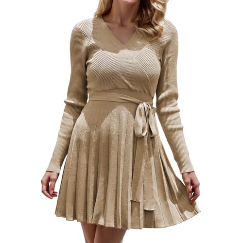 Strickkleid Damen Fall V-Ausschnitt Warm Freizeitkleid Bequeme Freizeit Winterpullover Kleid Oversize Pullikleid Minikleider für Tanz Club Bar Party von Briskorry