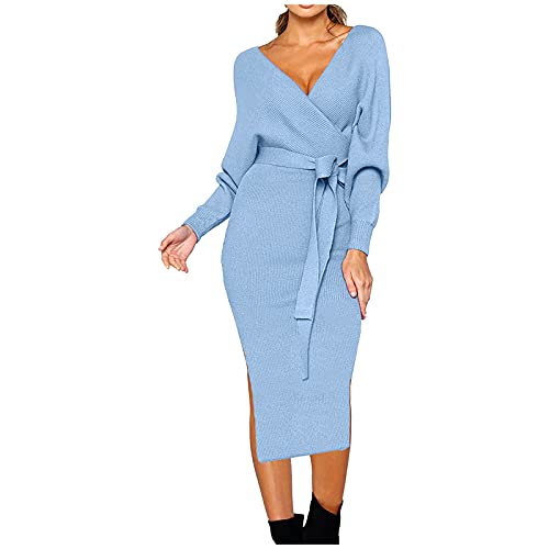 Strickkleider für Damen Einfarbig Pulloverkleid Mit V-Ausschnitt Langarm Pullover Kleid Weich Knielang Pullis Langarmkleid für Tanz Club Bar Party von Briskorry