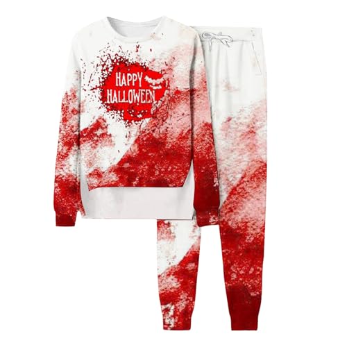 Sweatsuit Set Damen, Pullover und Freizeithose, Pullover Set Blutspritzer Horror Jogginganzug Rundhalsausschnitt 2 Teilig Sweatsuit Loose Lässig Freizeitanzug 2024 Stilvolle Sport Set Jogger von Briskorry