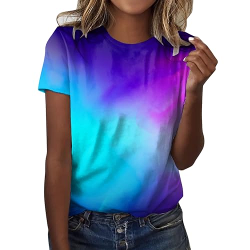 T-Shirt Weiß Damen, Damen Oberteile Sommer Elegant, T-Shirts Rundhals Kurzarm Sommershirt Gradient Klassischer Tee Top Baggy Freizeit Sommerbluse Atmungsaktiv Komfort Sportshirts Vielseitig Strand von Briskorry