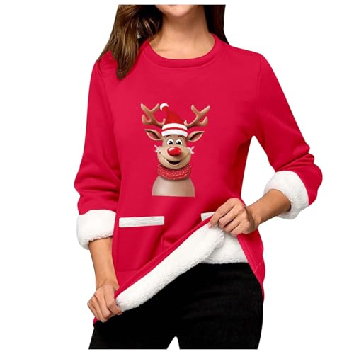 Teddyfleece Pullover Damen, Sweatshirt Damen Schwarz, Weihnachtspulli Ugly Lustig Fleecepullover Flauschig Gepolstert Longpullover Dickes Teddyfleece Longshirt Beiläufig Lose Sherpa Weihnachtsmotiv von Briskorry