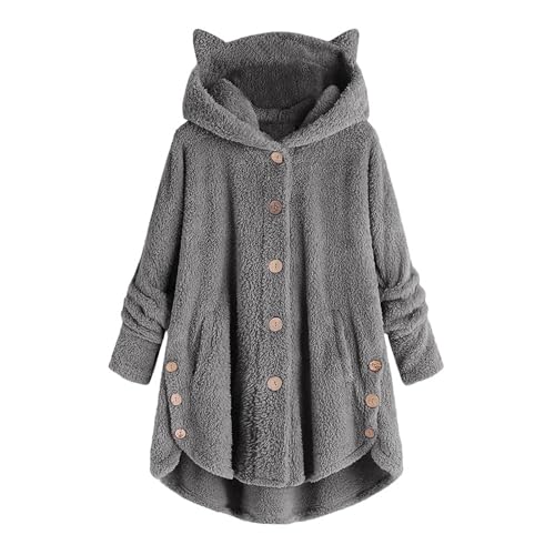 Teddyjacke Damen Winter, Winterjacke Damen Blau, Fleecejacken Kapuzen Warm Kuscheljacke Teddyfleece Button Down Sherpa Flauschig Kuschelig Kapuzenpullover Casual Mädchen Top Basic Einfarbiger von Briskorry