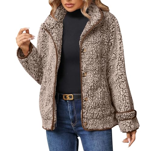 Teddyjacke Mädchen, Winterjacken Damen, Plüschjacke Warmes Revers Übergangsjacke Teddyfleece Button Down Steppjacke Bequem Flauschig Sweatshirt Lose Funktional Jacke Basic Solide von Briskorry