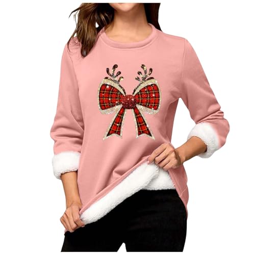 Thermo Pullover Damen, Damen Sweatshirt Baumwolle, Weihnachten Pulli Lustige Ugly Fleecepullover Gefüttert Plüsch Longpullover Teddy Dickere Langarmshirt Komfort Lose Pulli Weihnachtsmotiv von Briskorry