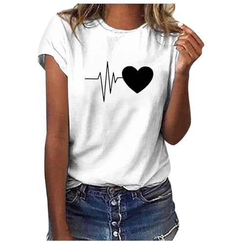 Tshirt Damen Basic, Oberteile Damen Sommer Elegant, T-Shirts Rundhal Kurzen Ärmeln Shirt Bedrucken Basic Top Beiläufig Lockeres Sommerbluse Leichte Luftige Longblusen Vielseitige Strandurlaub von Briskorry