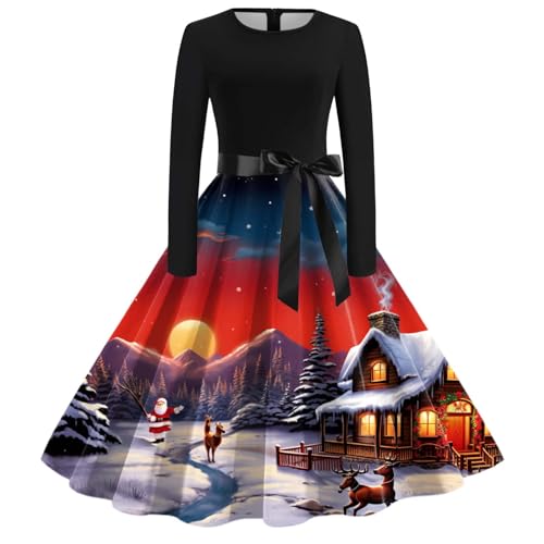 Weihnachten Kleid Damen, Weihnachten Party Kleid Lange Ärmel Sexy Cocktailkleider Vintage Rockabilly Abendkleider Swing A-Linien Weihnachts Kleider Lustig Weihnachtsmotiv Winter Kleid Cocktailparty von Briskorry