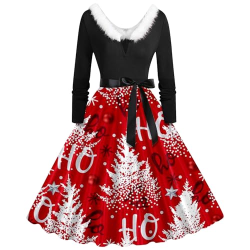 Weihnachten Kleid Damen, Weihnachten Partykleid Sexy Langärmeliges Cocktailkleider Rockabilly 1950er Abendkleider Swing A Line Weihnachtskleider Lustig Weihnachtlich Bedruckt Maxikleider Party von Briskorry