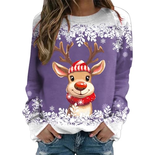 Weihnachten Pullover Damen, Damen Sweatshirt Ohne Kapuze, Weihnachtspulli Hässlich Lustig Christmas Pullover Rundhalsausschnitt Langarm Xmas Sweater Warmes Winter Oberteil Shirt Weihnachtskleidung von Briskorry