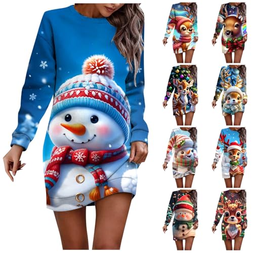 Weihnachtskleid Damen, Weihnachts Sweatshirt Kleid, Langarm Mit Schneemann Bedruckt Kleid Casual Elegant Rundhals Weihnachts-Sweatshirt-Kleid Winter Minikleid Weihnachten Kleider Langes Pulli von Briskorry