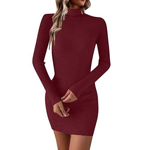 Weihnachtskleid Damen Einfarbig Rollkragen Langarm Strickkleid Elegant Warmes Herbstkleid Oversize Pullikleid Pullover Kleid für Tanz Club Bar Party von Briskorry