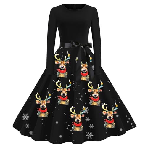 Weihnachtskleidung Damen, Weihnachten Partykleid Lange Ärmel Sexy Cocktailkleid Rockabilly Vintage Abendkleider A Line Swing Christmas Dress Ugly Weihnachten Drucken Festliche Kleider Silvester von Briskorry