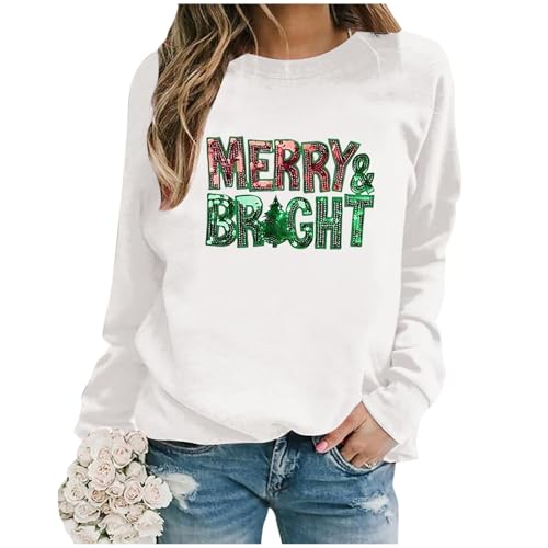 Weihnachtspullover Damen Große Größen, Damen Sweatshirt Baumwolle, Weihnachtspulli Ugly Lustig Christmas Pullis Langen Ärmeln Rundhals Xmas Langarmshirts Warmes Winter Oberteil Blusen Weihnachtsdruck von Briskorry