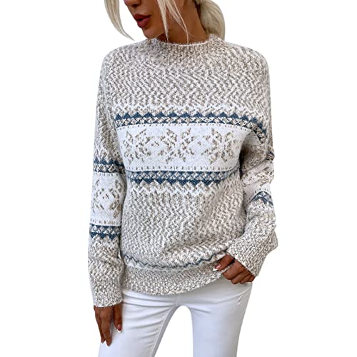 Weihnachtspullover Damen Strick, Pullover Damen Rollkragen, Schneeflocken Sweater Winter Warm Weihnachtspulli Langarm Rundhals Gestrickte Jumper Sweatshirt Weihnachten Pulli mit Norweger-Muster von Briskorry