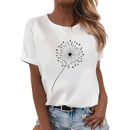 Weißes T-Shirt Damen Locker, Oberteile Damen Elegant, Tee Shirts Rundhalsausschnitt Kurzen Ärmeln Shirt Druck Klassisch Tee Tops Casual Lockeres Bluse Leichte Atmungsaktiv Longblusen Versatile Urlaub von Briskorry