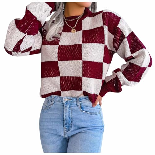 Winterpullover Damen Warm, Strickpullover Damen, Strickwaren Rundhals Langarm Jumpers Elegant Knitted Fleecepullover Warmes Dicker Thermoshirts Kariertes Mode Tops Lounge Weiches von Briskorry