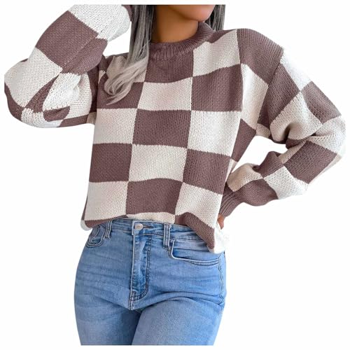 Winterpullover Damen Warm, Strickpullover Damen, Strickwaren Rundhals Langarm Jumpers Elegant Knitted Fleecepullover Warmes Dicker Thermoshirts Kariertes Mode Tops Lounge Weiches von Briskorry