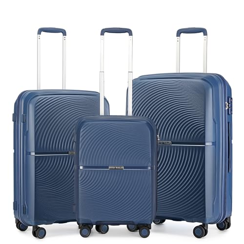 British Traveller Hartschalenkoffer Set Reisekofferset mit TSA-Schloss Handgepäck Koffer Set mit 8 Spinnerräder Rollkoffer 100% PP Koffer Trolleys Blau von British Traveller