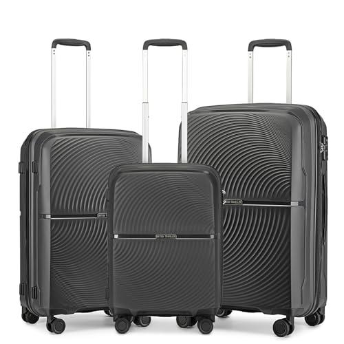 British Traveller Hartschalenkoffer Set Reisekofferset mit TSA-Schloss Handgepäck Koffer Set mit 8 Spinnerräder Rollkoffer 100% PP Koffer Trolleys Schwarz von British Traveller