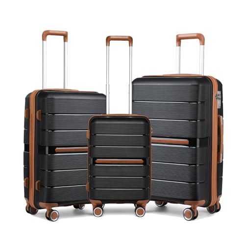 British Traveller Koffer Trolleys Set Hartschalenkoffer Reisekofferset 100% PP Handgepäck Rollkoffer mit 8 Spinnerräder Rollkoffer Reisekoffer TSA-Schloss Schwarz von British Traveller