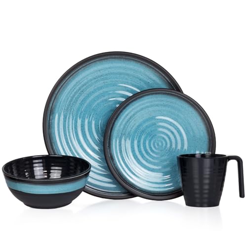 Camping Geschirr Set 1 Person 4-teilig | Melamin | Picknick Geschirrset | Campinggeschirr Stone Blue Design von Bronzania