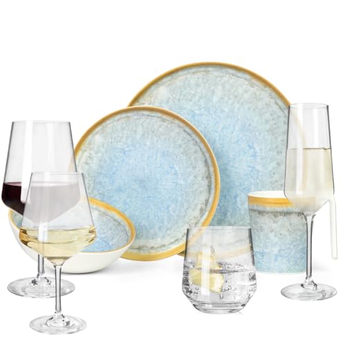 Melamin Camping Geschirr Set 4 Personen Crystal Blue + 16 Milano Gläser Wassergläser Weingläser Champagner-Gläser Flûtes Tafelgeschirr Picknick BBQ Kochgeschirr von Bronzania