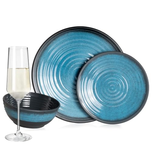 Melamin Camping Geschirr Set 4 Personen Stone Blue + 4 Milano Champgner Gläser Flûtes Tafelgeschirr Picknick BBQ Kochgeschirr von Bronzania