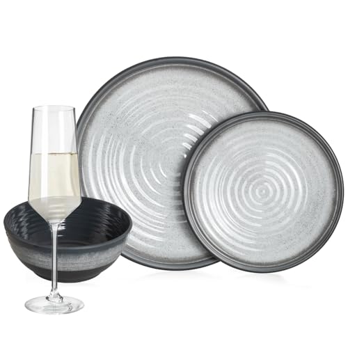 Melamin Camping Geschirr Set 4 Personen Stone Grey + 4 Milano Champgner Gläser Flûtes Tafelgeschirr Picknick BBQ Kochgeschirr von Bronzania