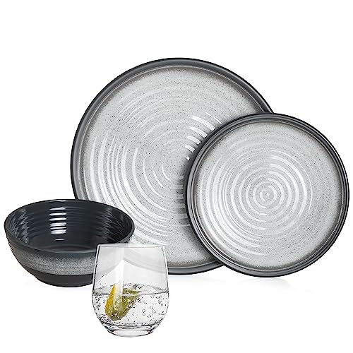 Melamin Camping Geschirr Set 4 Personen Stone Grey + 4 Tiamo Gläser Wassergläser Tafelgeschirr Picknick BBQ Kochgeschirr von Bronzania