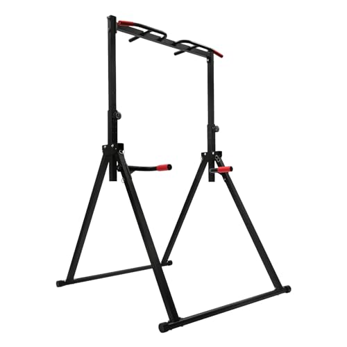 BRRIDE Faltbar Power Tower Dip Station Klimmzugstange Pull Up Bar Einstellbare Höhe Fitness Horizontale Stange bis 200 kg Belastbar für Zuhause, Gymnastik, Calisthenics (Schwarz&Rot) von Brride