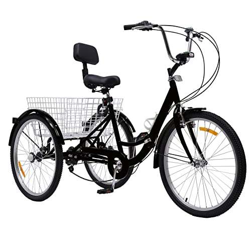 Brride 24 Zoll Dreirad für Erwachsene mit Rückenlehne und Shopping Korb 3 Räder 7 Gang-Fahrrad Faltbares Cruise Bikes Dreiräder schwarz City Tricycle für Einkaufen Tourismus von Brride