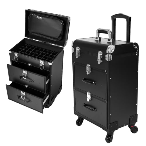 Kosmetikkoffer Trolley mit 2 Schubladen & 45 Fächern, Beauty Case Organizer, Professionell Make Up Koffer Friseurkoffer mit Rollen, Abschließbar Schminkkoffer Damen Nägel Koffer (Schwarz) von Brride