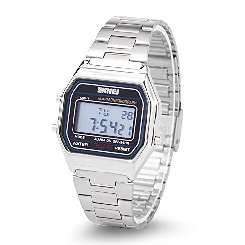 Brrnoo Elektronische Uhr, 3Farben Digitale LED Hintergrundbeleuchtung Elektronische Edelstahlarmbanduhr Rechteckige Armbanduhr,Wasserdicht,Unisex(Silber) von Brrnoo