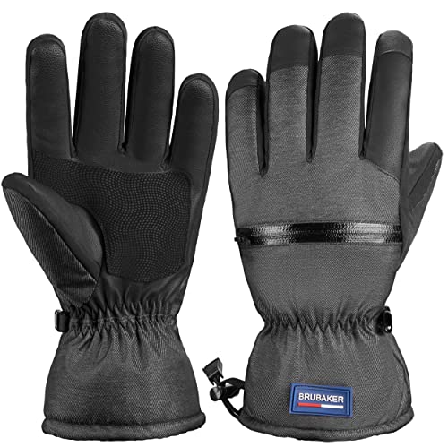 BRUBAKER Skihandschuhe Wasserdicht und Winddicht mit Reißverschluss Tasche und Abzieher für Skibrille - Winterhandschuhe für Herren und Damen - Warme Snowboardhandschuhe - Thermo Handschuhe - L/XL von BRUBAKER