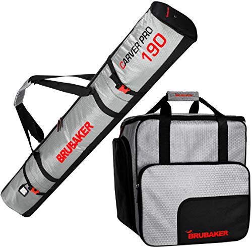 BRUBAKER Kombi Set CarverTec Pro - Skisack und Skischuhtasche für 1 Paar Ski + Stöcke + Schuhe + Helm - Silber Rot - 190 cm von BRUBAKER