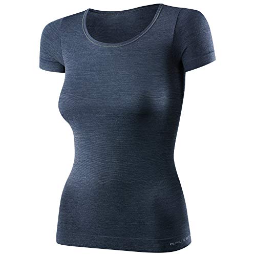 BRUBECK Damen Funktionsshirt Kurzarm | 41% Merino-Wolle | Unterhemd | Funktionsunterwäsche | Atmungsaktiv | Geruchshemmend | Weich | SS11020, Größe:L, Farbe:Marineblau von BRUBECK