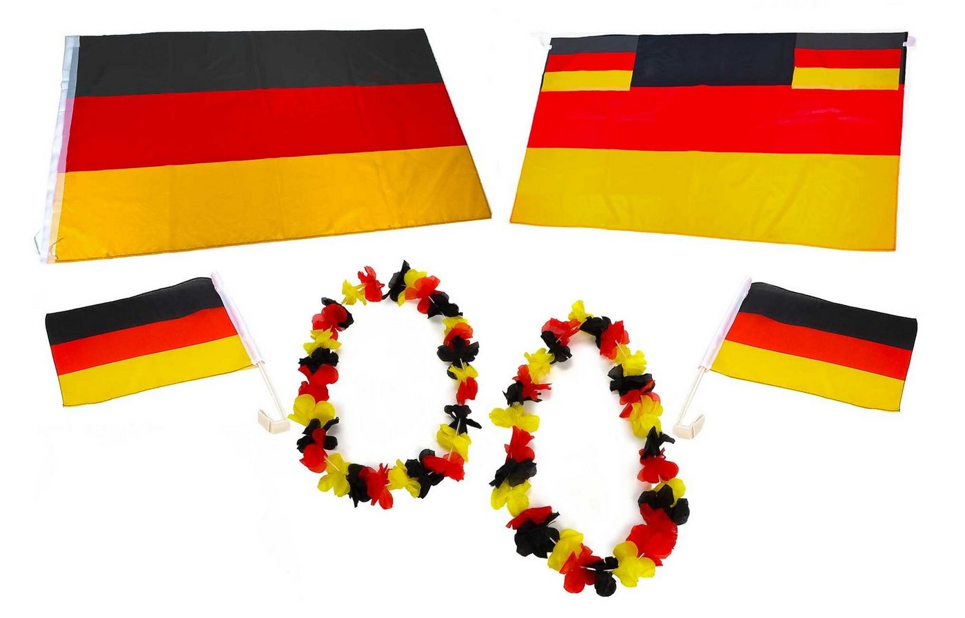 Bubble-Store Fahne Deutschland 6-er Set Fanartikel (1x Deutschland-Flagge, 1x Flaggen-Cape mit Armschlaufen in Universalgröße, 2x Autofensterfahnen mit Befestigungsclips, 2x Hawaii-Blumenkette, jeweils in schwarz-rot-gold), Deutschland-Flagge von Bubble-Store