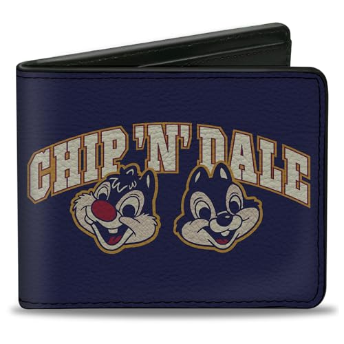 Buckle-Down Disney Wallet Bifold Chip n Dale Varsity Text und Gesichter Blau Gelb Weiß Veganes Leder, Blau, 4.0" x 3.5", Casual von Buckle-Down