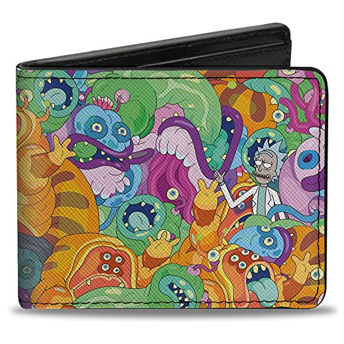 Buckle-Down Herren Geldbörse, Bifold, Rick and Morty Rick mit Monsters Collage, Mehrfarbig, Veganes Leder, 4.0" x 3.5", Casual, Mehrere Kartenfächer, ID-Fenster, Veganes Leder von Buckle-Down