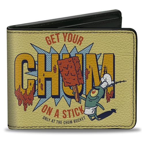 SpongeBob Schwammkopf Geldbörse, Bifold, Spongebob Schwammkopf Plankton Get Your Chum On a Stick Pose, Veganes Leder, gelb, 4.0" x 3.5", Casual von Buckle-Down