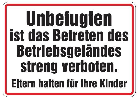 Buddel Bini Qualitäts - Aluminium Schild Unbefugten ist das Betreten des Betriebsgeländes streng verboten Eltern haften für ihre Kinder 250x350 mm geprägtes Aluschild 0,6 mm Alu Buddel Bini Qualitäts - Aluminium Schild Unbefugten ist das Betreten des Betriebsgeländes streng verboten Eltern haften für ihre Kinder 250x350 mm geprägtes Aluschild 0,6 mm Alu von Buddel Bini